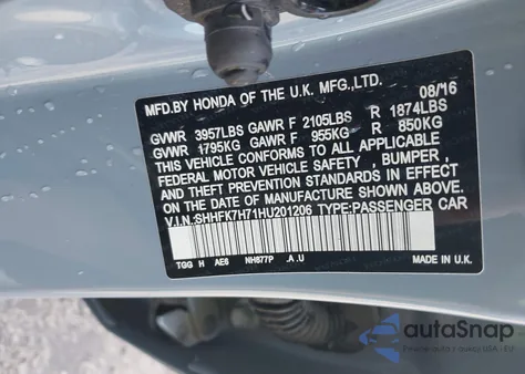 2017 Honda Civic Ex-L z USA, uszkodzony, nr VIN SHHFK7H71HU201206